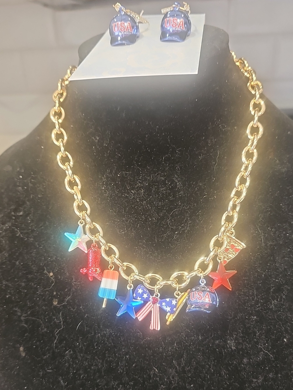 Betsey Johnson Patriotic Charm Necklace with Red White Blue Accents & Earrings